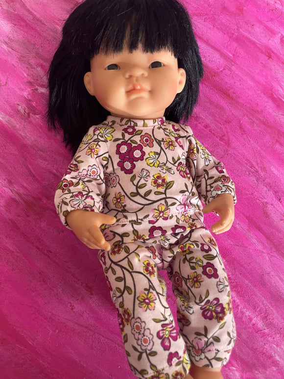 Pyjama Lounge Set - to suit 38cm Miniland Doll.   Will also fit 32cm soft body Miniland Doll and 34cm Mini Coletto, Minikane and Paola Reina Grande Dolls - Pink Floral.