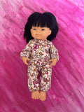 Pyjama Lounge Set - to suit 38cm Miniland Doll.   Will also fit 32cm soft body Miniland Doll and 34cm Mini Coletto, Minikane and Paola Reina Grande Dolls - Pink Floral.