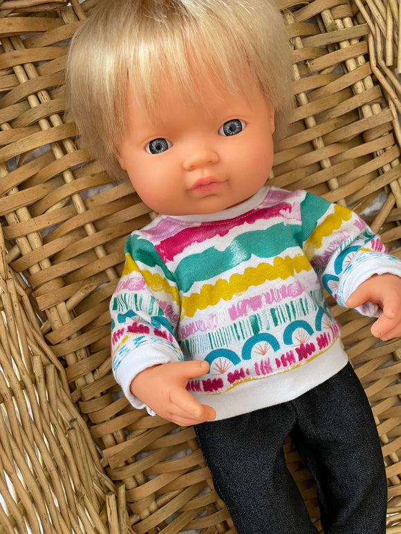Trousers Set - to suit 38cm Miniland doll - Dark Jeans and Rainbow Jumper Top