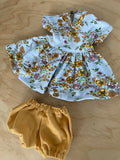 Dress Set - to suit 38cm and 32cm soft body Miniland Doll - Mustard Flowers in blue sky