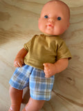 Shorts Set - to suit 32cm (Hard Body) Miniland Doll - Mustard T and Blue Plaid Shorts