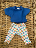 Trousers Set - to suit 32cm soft body Miniland Doll - Plaid leggings with Blue T'Shirt