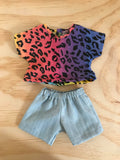 Shorts Set - to suit 38cm Miniland doll - Rainbow Animal Print T and Light Blue Shorts