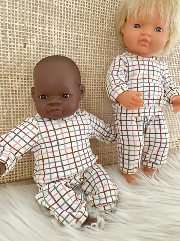Pyjama Lounge Set - to suit 38cm Miniland Doll.  Will also fit 32cm soft body Miniland Doll and 34cm Mini Coletto, Minikane and Paola Reina Grande Dolls. - Plaid