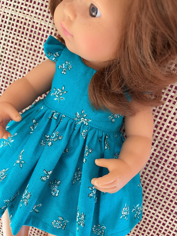 Dress Set - to suit 38cm Miniland Doll - Liberty London - Flower Show - Abbeywood - Teal