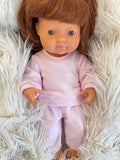 Pyjama Lounge Set - to suit 38cm Miniland Doll.   Will also fit 32cm soft body Miniland Doll and 34cm Mini Coletto, Minikane and Paola Reina Grande Dolls - Pink French Terry.