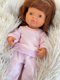 Pyjama Lounge Set - to suit 38cm Miniland Doll.   Will also fit 32cm soft body Miniland Doll and 34cm Mini Coletto, Minikane and Paola Reina Grande Dolls - Pink French Terry.