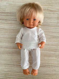 Pyjama Lounge Set - to suit 38cm Miniland Doll.   Will also fit 32cm soft body Miniland Doll and 34cm Mini Coletto, Minikane and Paola Reina Grande Dolls - White sparkle dots