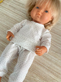 Pyjama Lounge Set - to suit 38cm Miniland Doll.   Will also fit 32cm soft body Miniland Doll and 34cm Mini Coletto, Minikane and Paola Reina Grande Dolls - White sparkle dots