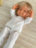 Pyjama Lounge Set - to suit 38cm Miniland Doll.   Will also fit 32cm soft body Miniland Doll and 34cm Mini Coletto, Minikane and Paola Reina Grande Dolls - White sparkle dots