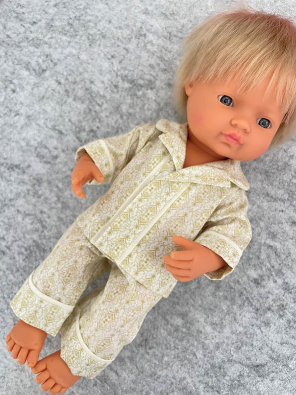 Pyjama Set - to suit 38cm Miniland Doll.  Will also fit 32cm soft body Miniland Doll and 34cm Mini Coletto, Minikane and Paola Reina Grande Dolls - Antique Emblem