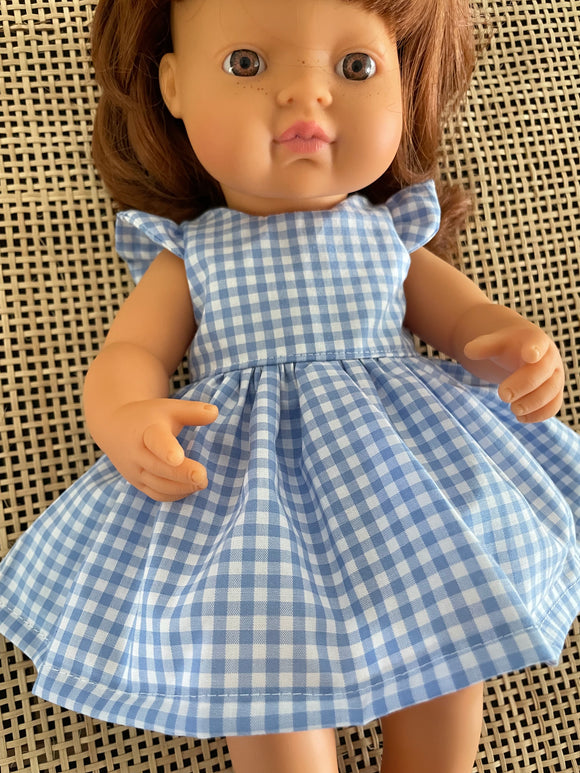 Dress Set - to suit 38cm Miniland Doll - Blue Gingham