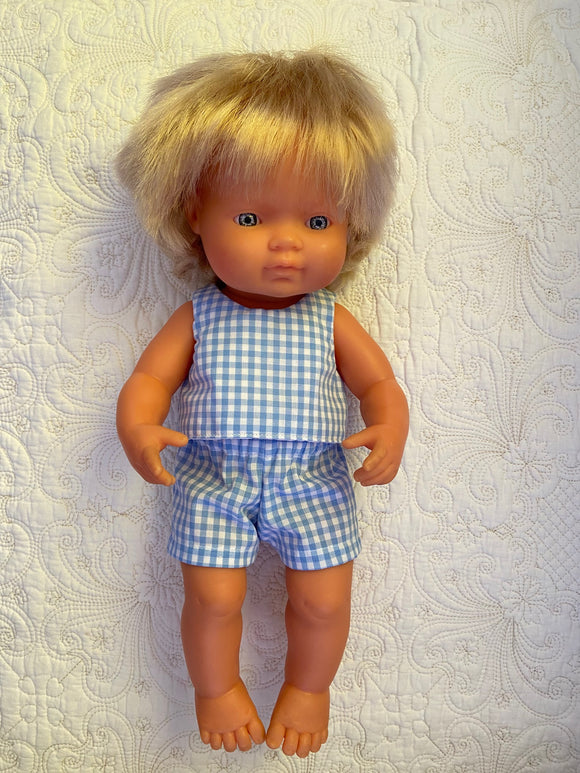 Shorts Set to suit 38cm Miniland Doll - Blue Gingham