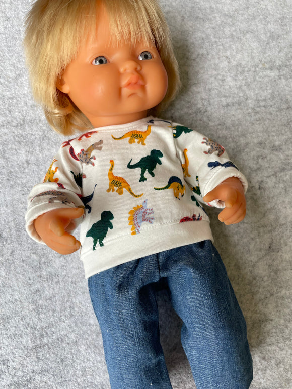 Trousers Set - to suit 38cm Miniland doll - Jeans and Dino Jumper Top