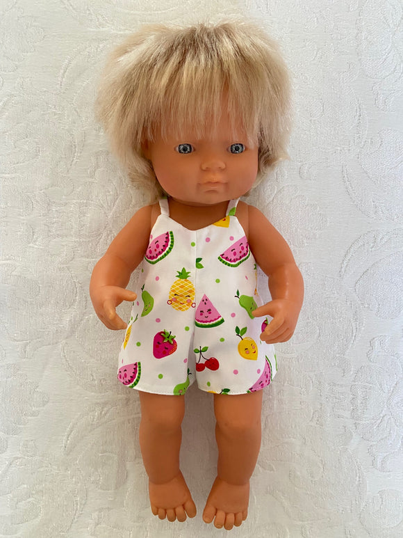 Playsuit - to suit 38cm Miniland Doll.  Will also fit 34cm Mini Coletto, Minikane and Paola Reina Grande Dolls - Friendly Fruit