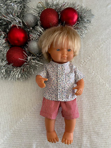 Shorts Set to suit 38cm Miniland Doll - Christmas - Grandad Holly Shirt with Stripe Shorts