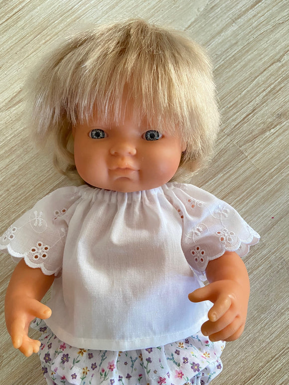 Peasant top - to suit 38cm Miniland Doll - white with lace sleeves