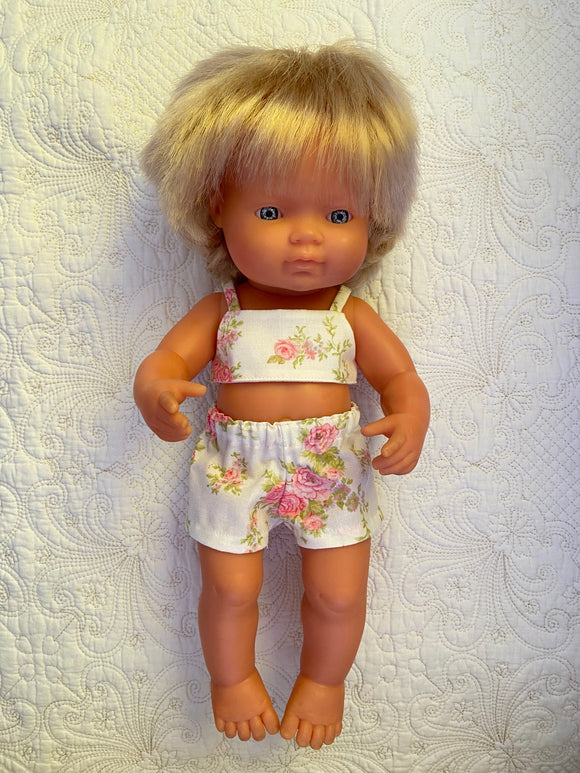 Shorts Set to suit 38cm Miniland Doll - Roses with crop top