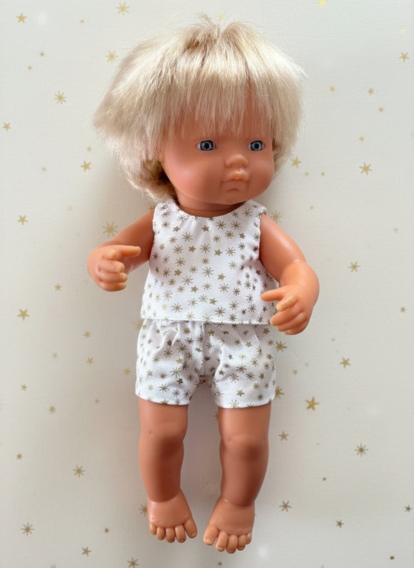Shorts Set to suit 38cm Miniland Doll - Christmas - Gold Stars on Ivory