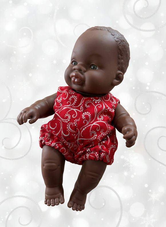 Romper - to suit 21cm Miniland Doll - Christmas Red with Silver Swirls