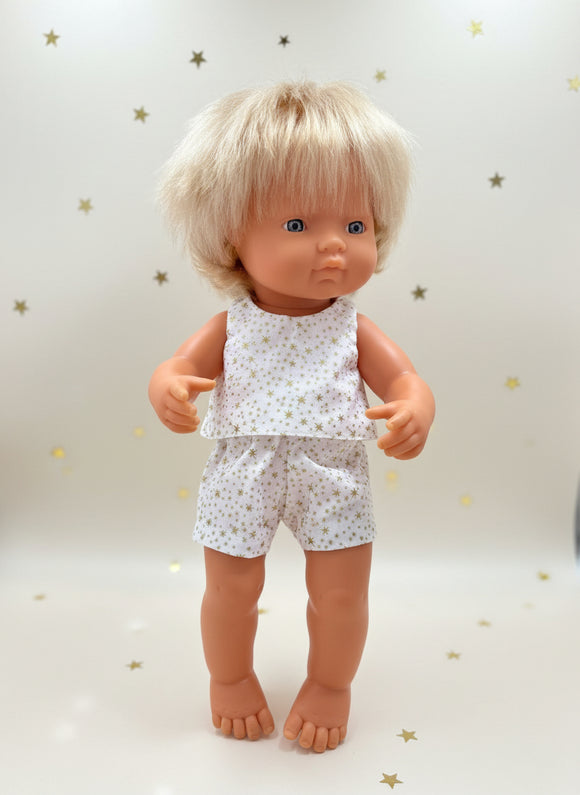 Shorts Set to suit 38cm Miniland Doll - Christmas - Gold Stars on White
