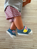 Trainers Velcro Shoes to suit 38cm Miniland Doll - Denim with Red White & Blue Stripes