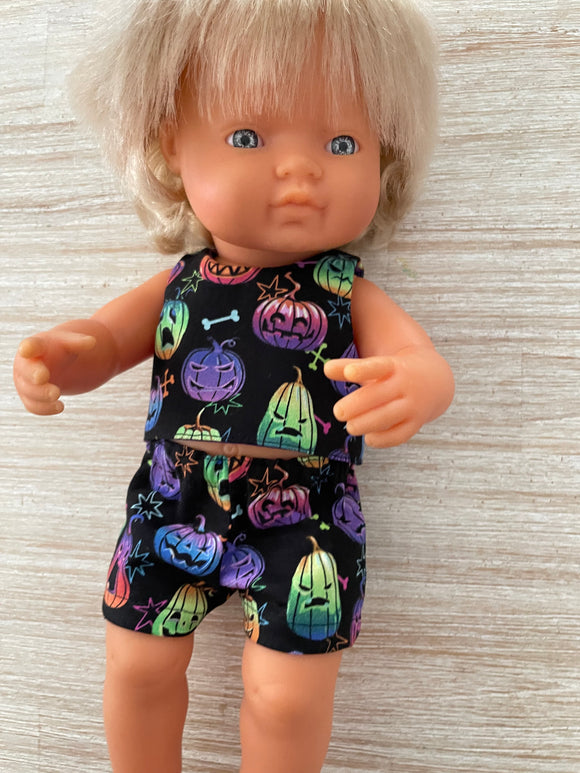 Shorts Set to suit 38cm Miniland Doll - Spooky Pumpkins