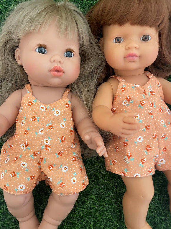 Playsuit - to suit 38cm Miniland Doll.  Will also fit 34cm Mini Coletto, Minikane and Paola Reina Grande Dolls - Orange Roses