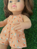 Playsuit - to suit 38cm Miniland Doll.  Will also fit 34cm Mini Coletto, Minikane and Paola Reina Grande Dolls - Orange Roses