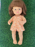 Playsuit - to suit 38cm Miniland Doll.  Will also fit 34cm Mini Coletto, Minikane and Paola Reina Grande Dolls - Orange Roses