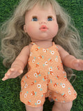 Playsuit - to suit 38cm Miniland Doll.  Will also fit 34cm Mini Coletto, Minikane and Paola Reina Grande Dolls - Orange Roses