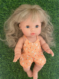 Playsuit - to suit 38cm Miniland Doll.  Will also fit 34cm Mini Coletto, Minikane and Paola Reina Grande Dolls - Orange Roses