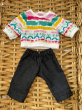 Trousers Set - to suit 38cm Miniland doll - Dark Jeans and Rainbow Jumper Top