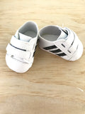 Trainers. Velcro Shoes to suit 38cm Miniland Doll - Faux Leather - White with Black Stripes