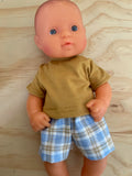 Shorts Set - to suit 32cm (Hard Body) Miniland Doll - Mustard T and Blue Plaid Shorts
