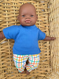 Trousers Set - to suit 32cm soft body Miniland Doll - Plaid leggings with Blue T'Shirt