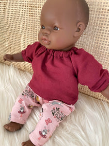 Trousers Set - to suit 32cm soft body Miniland Doll - Forest friends leggings and maroon blouse